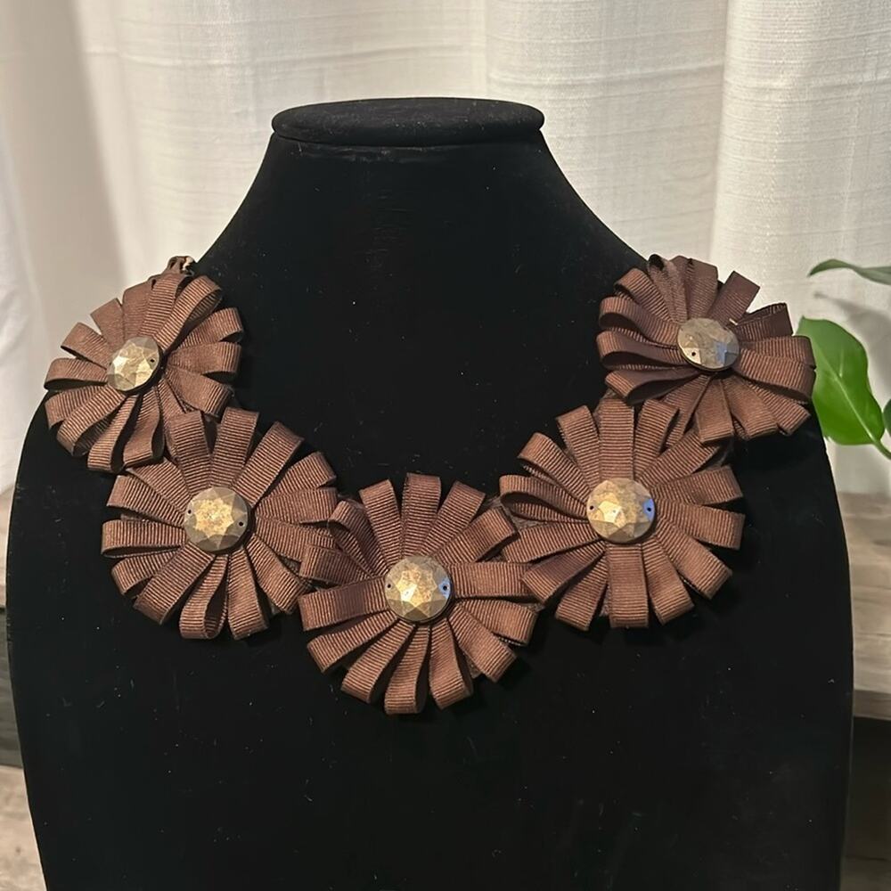 Brown Flower Bib statement Necklace Cloth Anne O’Callaghan. New!  Collar